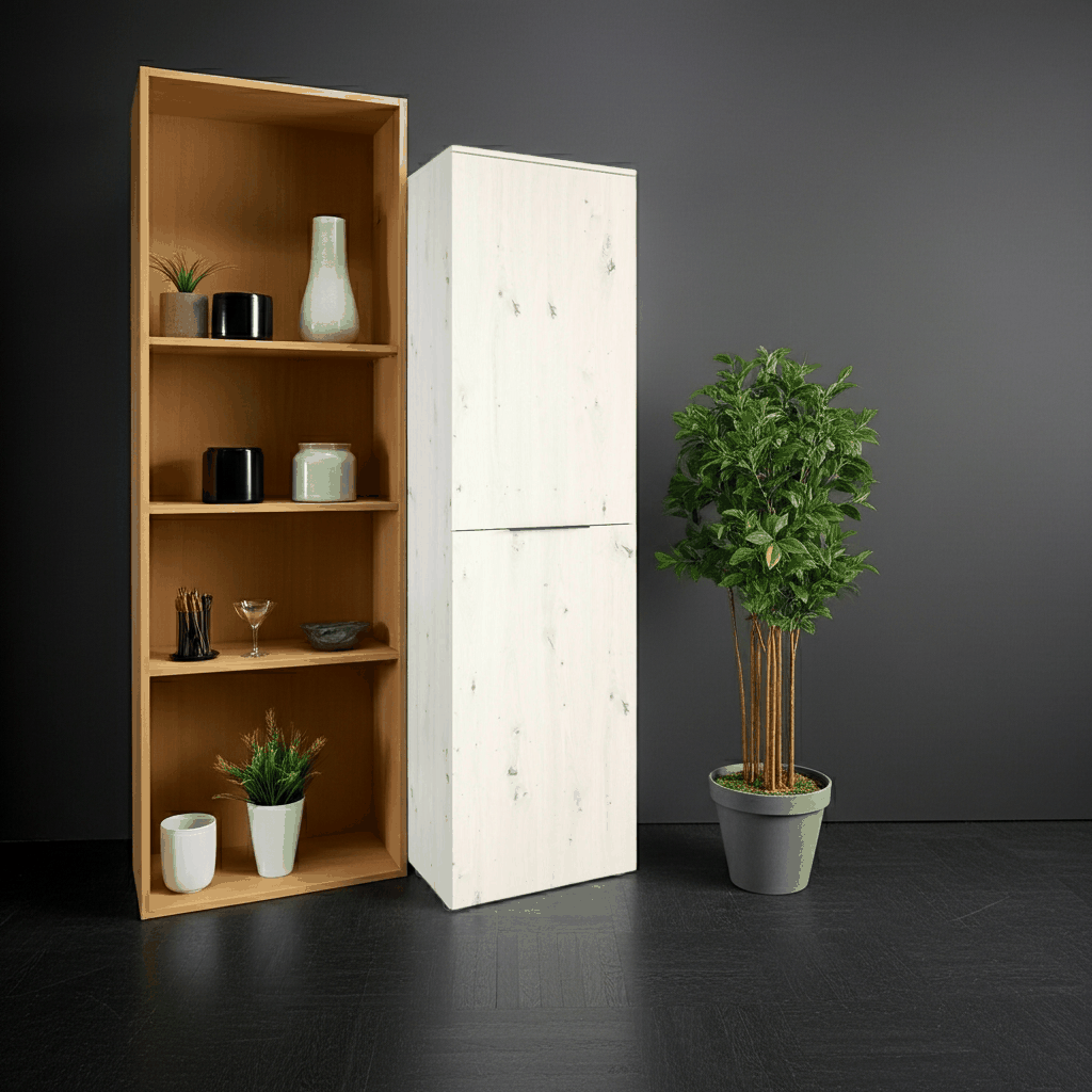 Single-door slaapkamerkast wardrobe with shelves in yellowish white and light oak next to a green plant