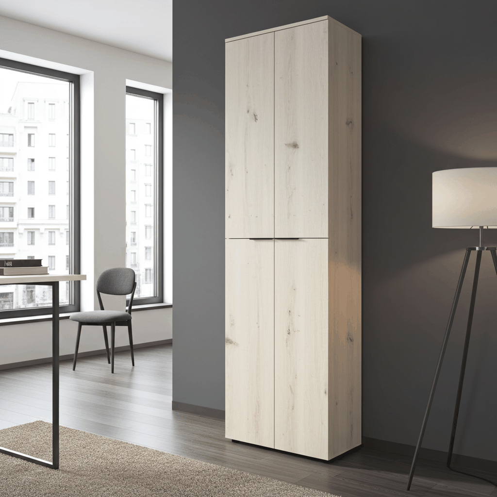 lichte single deur kledingkast van hoogwaardig hout in moderne slaapkameromgeving