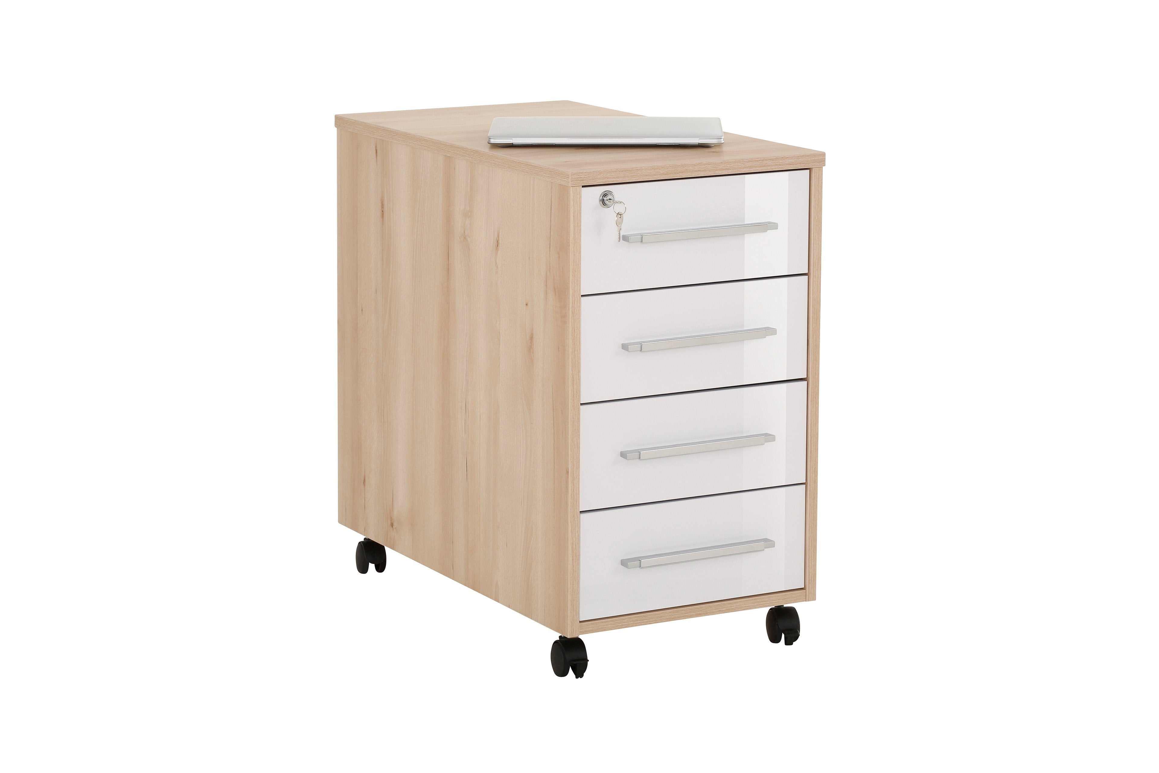 Mobiel ladeblok met drie lades in hout-wit uitvoering op wielen met slot voor veilige opbergruimte