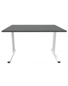 Tafel met zwart houten blad en aluminium poten, geschikt als bureau voor op kantoor of voor kinderen.