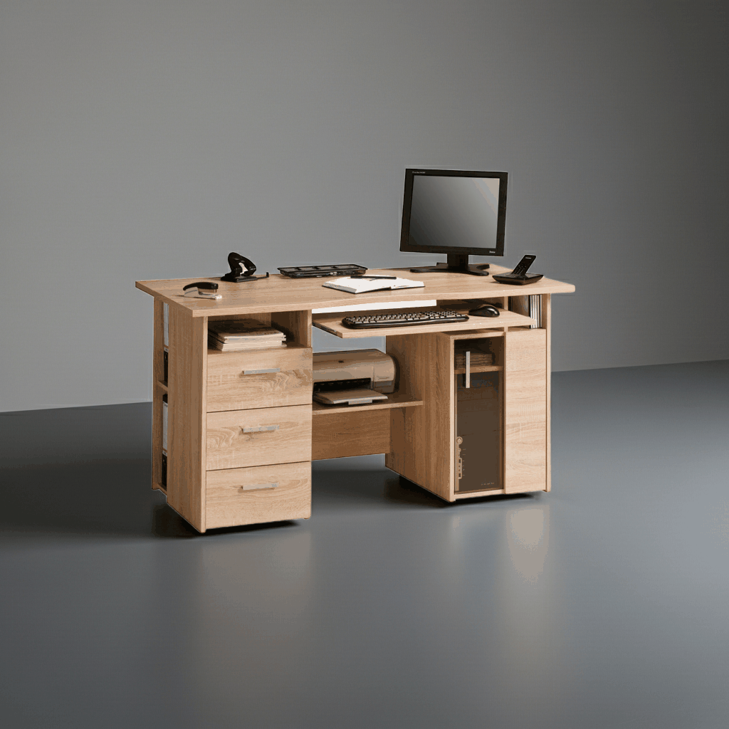 office tafel in light oak color with drawers and shelves, suitable for home or office use