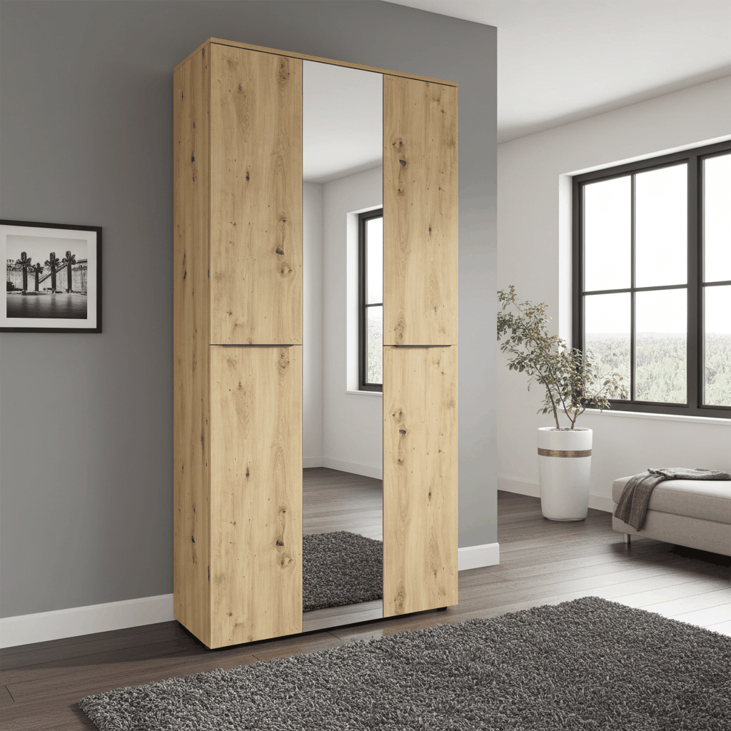 lichte eiken slaapkamer kledingkast met 3 deuren en centrale spiegel in moderne kamer