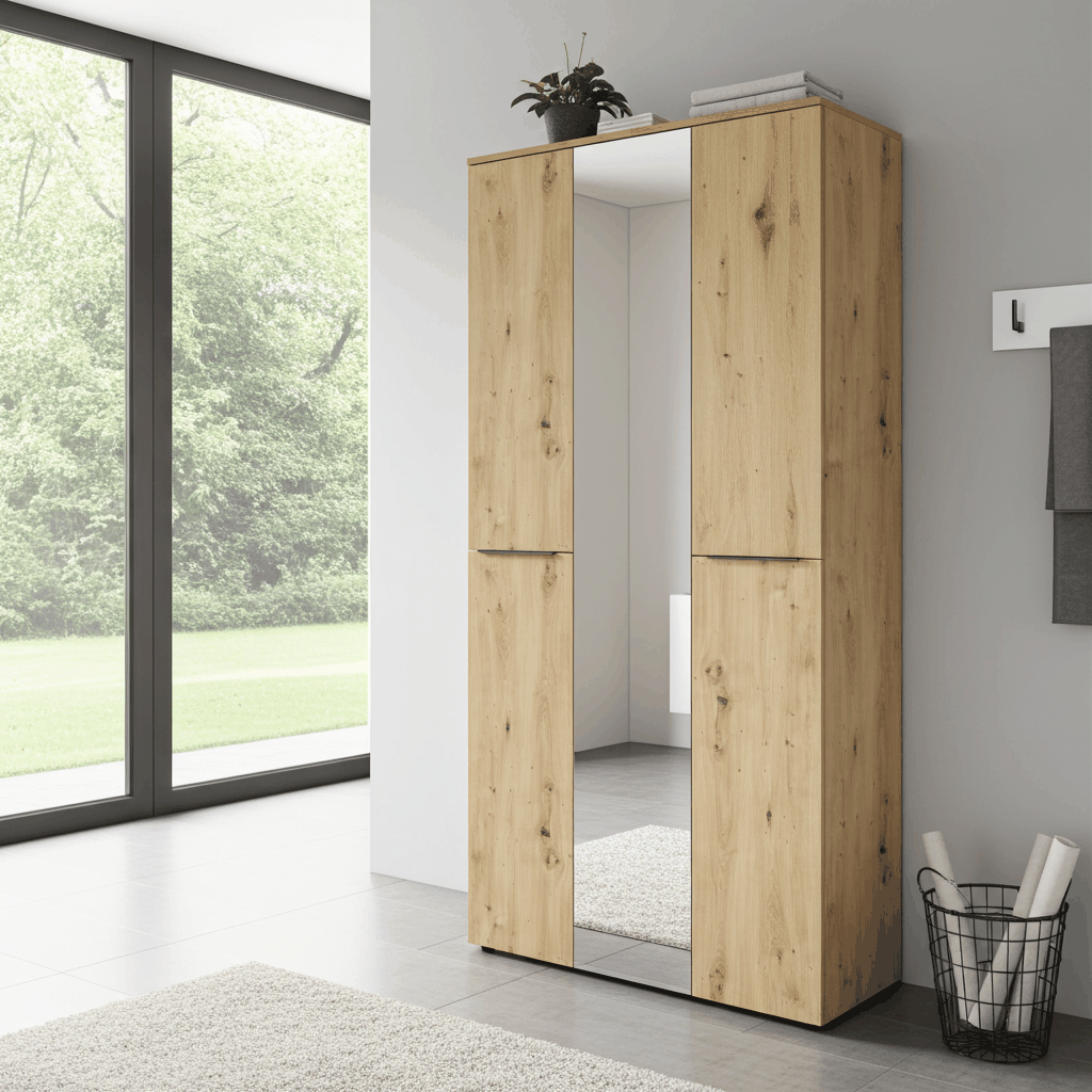 Slaapkamer kledingkast met 3 deuren en middelste spiegel in licht eiken hout.