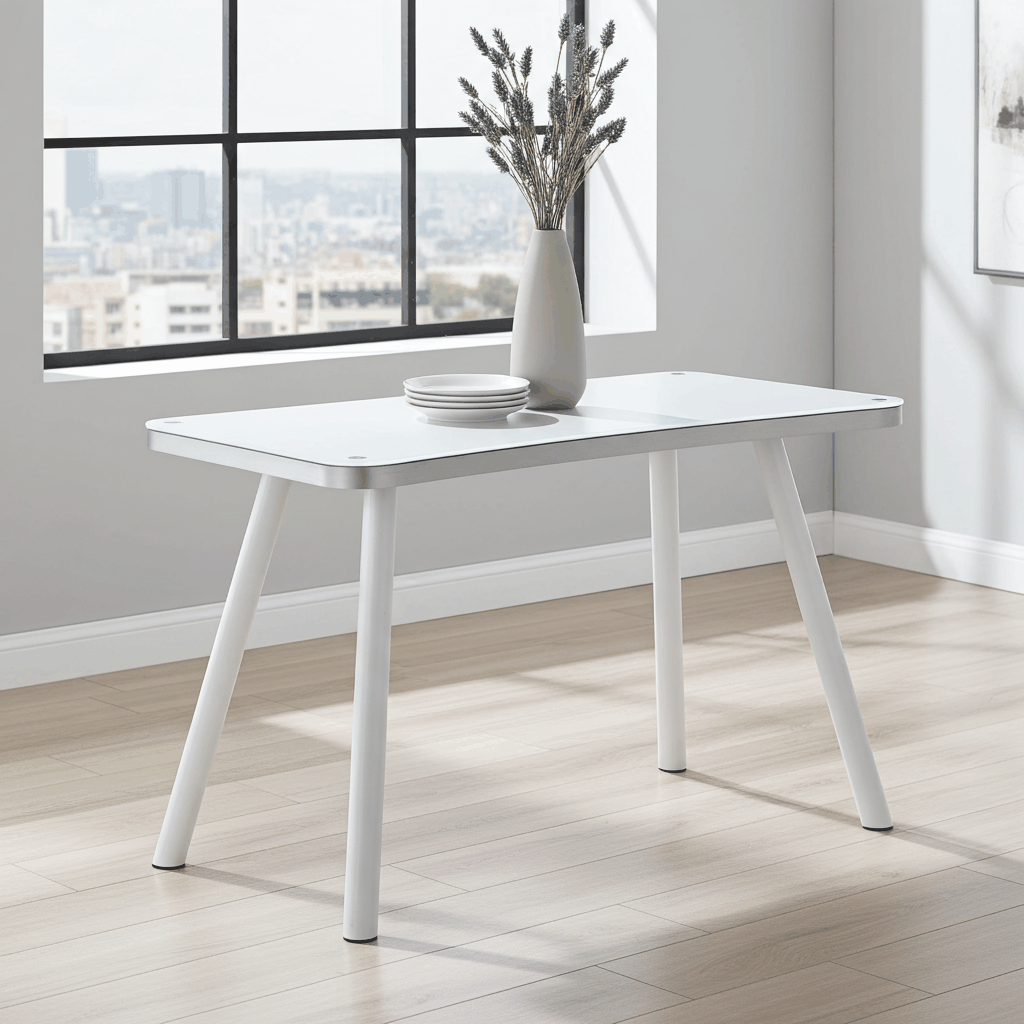 Modern small white table with sleek design, perfect for living room, kitchen, terrace, or bedroom use