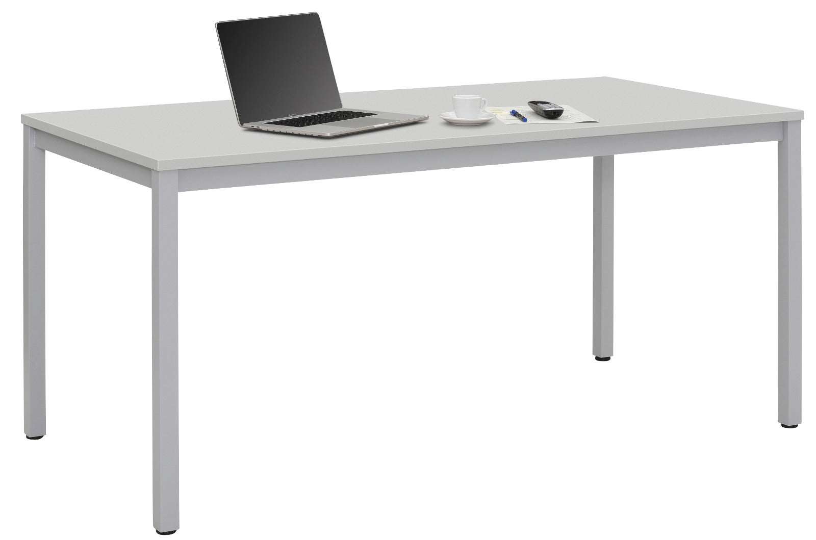 grijze kantoortafel met massief multiplex blad en aluminium poten, modern en functioneel ontwerp