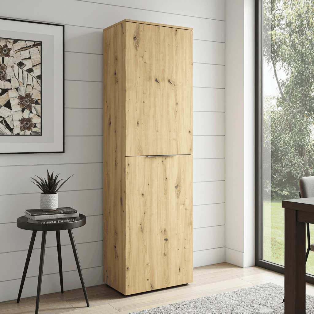 Slaapkamerkast in light oak with single door and multiple shelves for bedroom storage