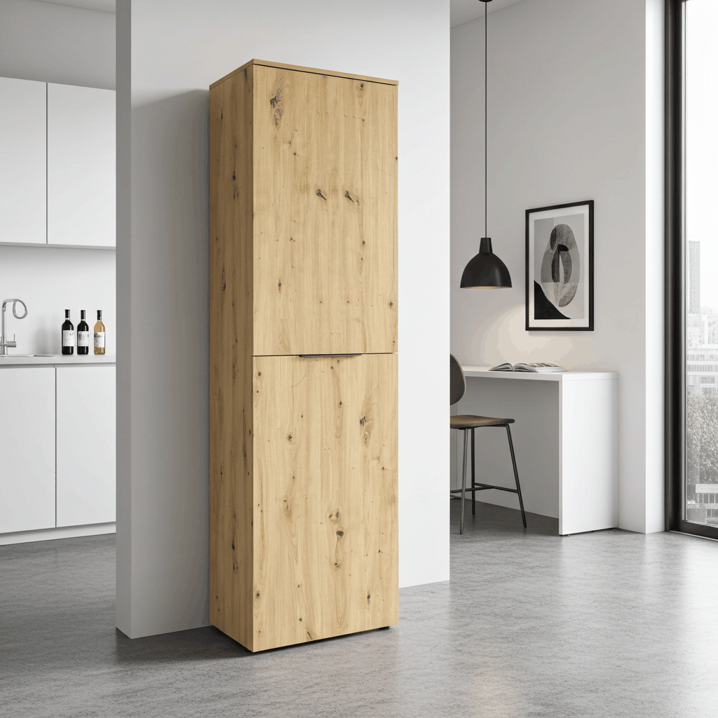 Lichte eiken slaapkamerkast met enkele deur en 7/8 planken in moderne kamerinterieur