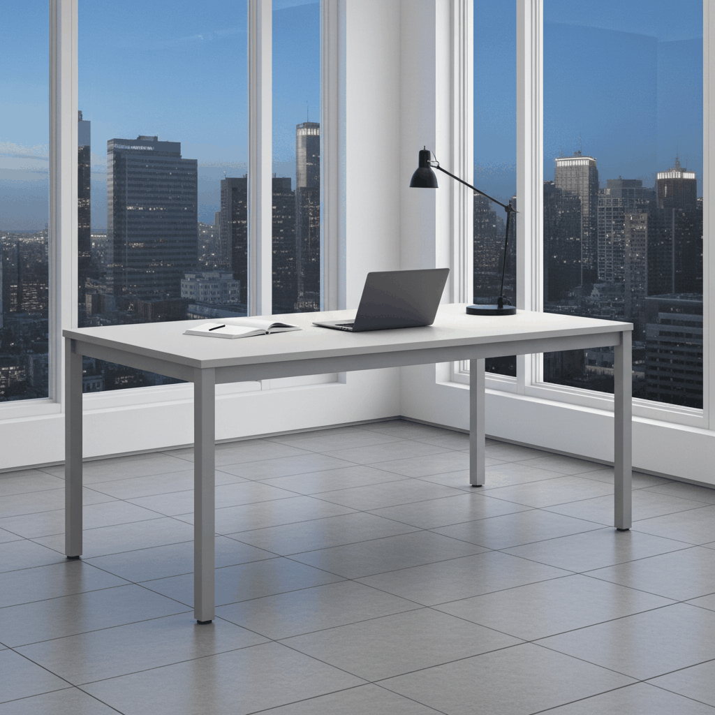 Moderne grijze kantoortafel met massief multiplex blad en aluminium poten in kantoorruimte met uitzicht op stad