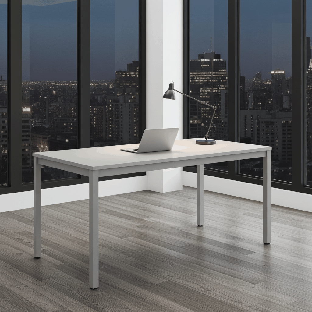 moderne grijze kantoortafel met massief multiplex blad en aluminium poten in kantoorruimte bij nacht