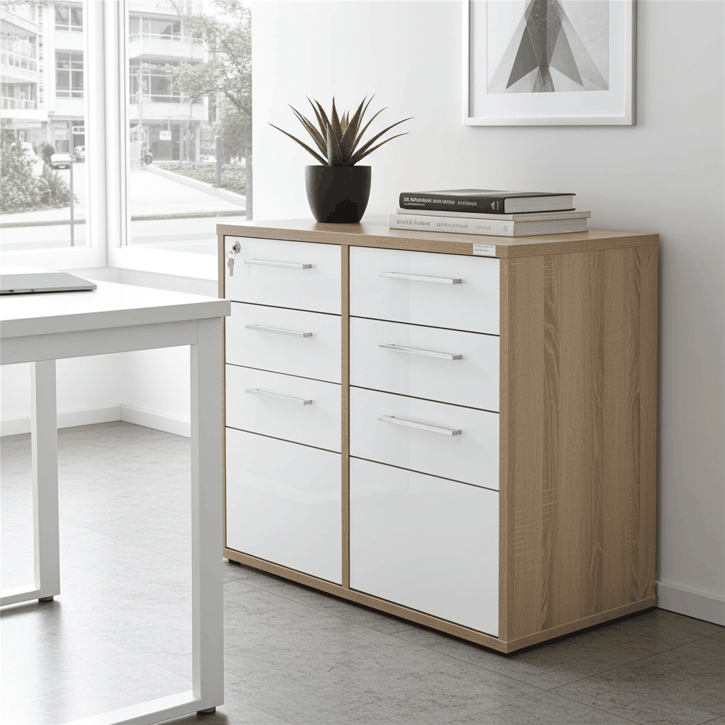 Moderne ladekast met witte lades en houten frame in lichte kantoorruimte met plant en boeken erop